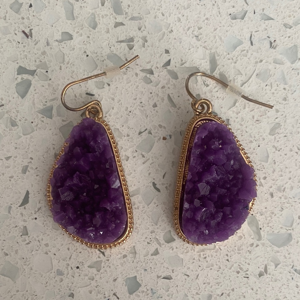 Purple Druzy Earrings with Gold Accents